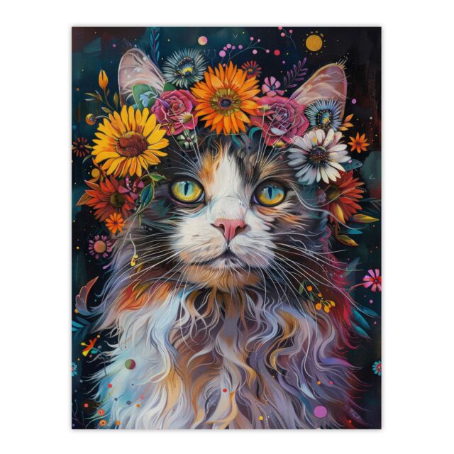 "Artery8 Wall Art Print Mystic Psychedelic Hippy Cat Flower Crown Abstract Poster - Size: W12"" x H16""" - image 1