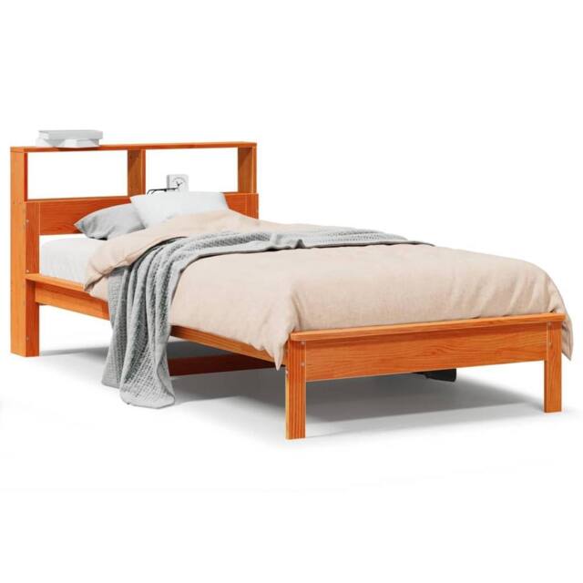 Berkfield Home Bookcase Bed Frame Wax Brown 75x190 cm Small Single Solid Wood Pine - image 1