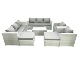 Fimous Outdoor Rattan Sofa Garden Furniture Set with 2 Armchairs Oblong Coffee Table 2 Big Footstools Light Grey Mixed - thumbnail 2
