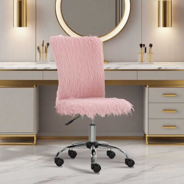 HOMCOM Armless Makeup Vanity Chair, 360° Swivel Computer Chair in Pink - image 1