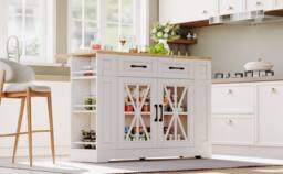 BTM Kitchen Island on Wheels Folding Tabletop Storage Cabinet USB in White - thumbnail 8