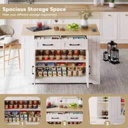 BTM Kitchen Island on Wheels Folding Tabletop Storage Cabinet USB in White - thumbnail 5