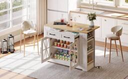 BTM Kitchen Island on Wheels Folding Tabletop Storage Cabinet USB in White - thumbnail 9