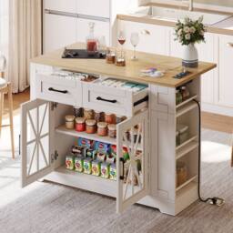 BTM Kitchen Island on Wheels Folding Tabletop Storage Cabinet USB in White - thumbnail 1