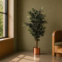 Leaf 130cm Artificial Variegated White/Green Ficus Tree Copper Planter in Green - thumbnail 5