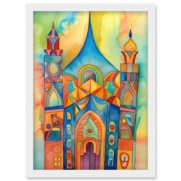 Artery8 Jewish Synagogue Building Multicoloured Folk Art Watercolour Painting Artwork Framed Wall Art Print A4 in White - thumbnail 1