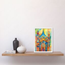 Artery8 Jewish Synagogue Building Multicoloured Folk Art Watercolour Painting Artwork Framed Wall Art Print A4 in White - thumbnail 2