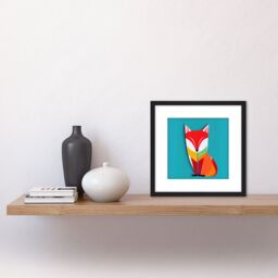 Artery8 Multicoloured Abstract Fox On Blue Illustration Square Wooden Framed Wall Art Print Picture 8X8 Inch in Black - thumbnail 2