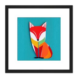 Artery8 Multicoloured Abstract Fox On Blue Illustration Square Wooden Framed Wall Art Print Picture 8X8 Inch in Black - thumbnail 1