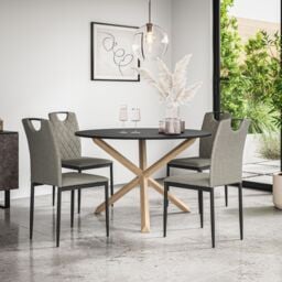More4Homes Malvern Round Dining Table & Chairs - Black Table Top w Solid Oak Legs + Monza Fabric Dining Chair Set Of 4 in Grey