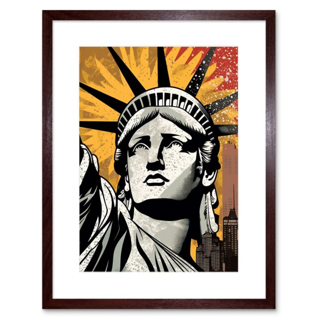 "Artery8 Wall Art Print Statue of Liberty Comic Book Style Black Red Yellow New York City Skyscraper Artwork Framed 9X7 Inch in Brown - Size: W7"" x H9""" - image 1