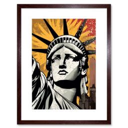 "Artery8 Wall Art Print Statue of Liberty Comic Book Style Black Red Yellow New York City Skyscraper Artwork Framed 9X7 Inch in Brown - Size: W7"" x H9""" - thumbnail 1