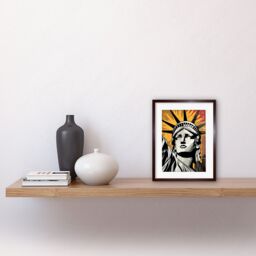 "Artery8 Wall Art Print Statue of Liberty Comic Book Style Black Red Yellow New York City Skyscraper Artwork Framed 9X7 Inch in Brown - Size: W7"" x H9""" - thumbnail 2