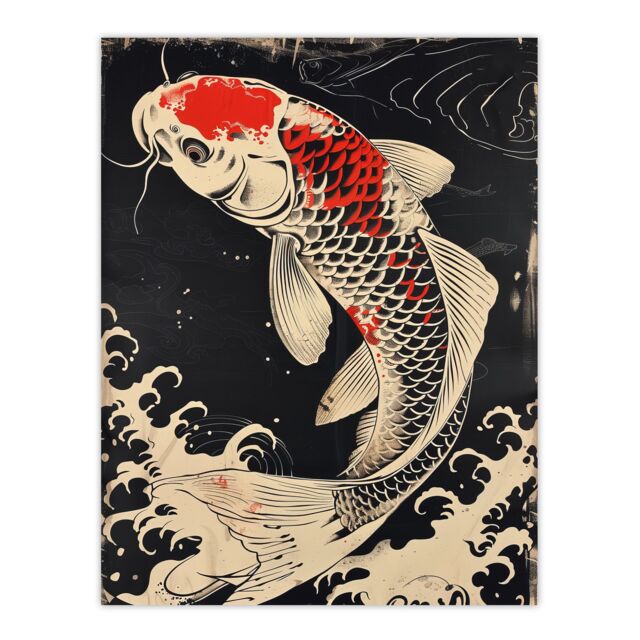 "Artery8 Traditional Black Red Japanese Koi Carp Artwork Wall Art Print - Size: W24"" x H32""" - image 1