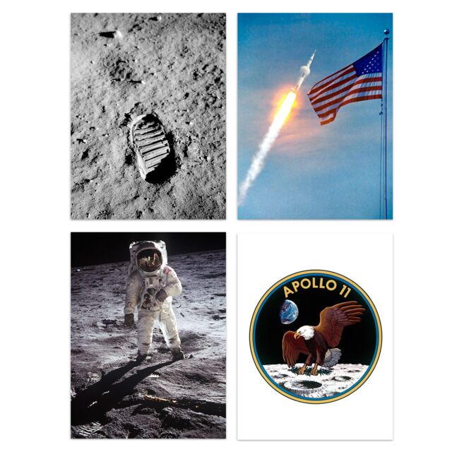 Artery8 Pack of 4 NASA Spaceship Apollo 11 Mission Moon Landing 50th Anniversary Astronaut Aldrin Armstrong Bootprint Unframed Wall Art Living Room - image 1
