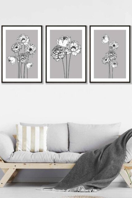 ARTZE Sketch Art Peonies on Grey Framed Wall Art - Large in Black - Size: W53 cm x H73 cm x D20mm - image 1