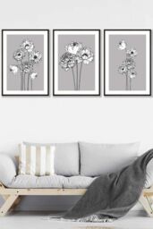 ARTZE Sketch Art Peonies on Grey Framed Wall Art - Large in Black - Size: W53 cm x H73 cm x D20mm - thumbnail 1