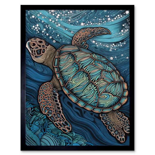 "Artery8 Wall Art Print Vibrant Sea Turtle Swimming Under the Surface Art Framed in Black - Size: W12"" x H16""" - image 1