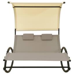 Berkfield Home Suitable Double Sun Lounger with Canopy Textilene Taupe & Cream in Beige - thumbnail 3