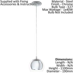 Loops Pendant Ceiling Light Colour Chrome Plated Shade Clear Glass Bulb E27 1x40W - thumbnail 2