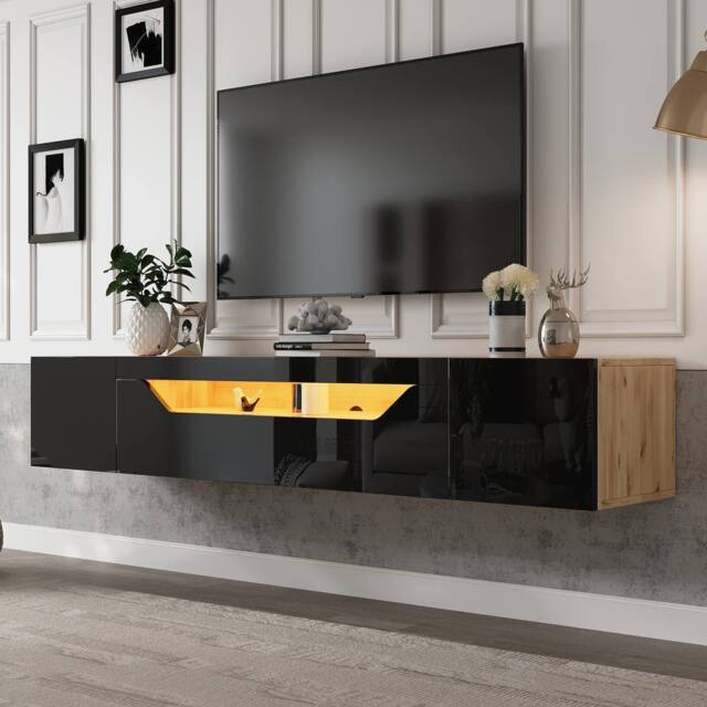 ModernLuxe High gloss floating TV stand cabinet with LED lights & 2 doors in Black - image 1