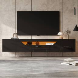 ModernLuxe High gloss floating TV stand cabinet with LED lights & 2 doors in Black - thumbnail 3