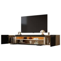 ModernLuxe High gloss floating TV stand cabinet with LED lights & 2 doors in Black - thumbnail 8