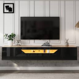 ModernLuxe High gloss floating TV stand cabinet with LED lights & 2 doors in Black - thumbnail 4