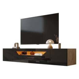 ModernLuxe High gloss floating TV stand cabinet with LED lights & 2 doors in Black - thumbnail 6