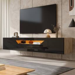 ModernLuxe High gloss floating TV stand cabinet with LED lights & 2 doors in Black - thumbnail 2