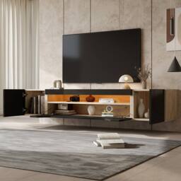 ModernLuxe High gloss floating TV stand cabinet with LED lights & 2 doors in Black - thumbnail 5