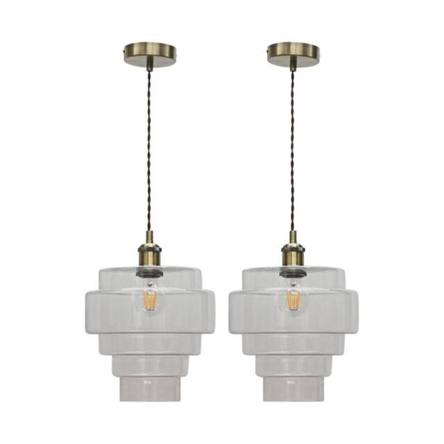 First Choice Lighting Set of 2 Benson - 5 Tier Glass & Antique Brass Ceiling Pendant Lights in Clear - image 1