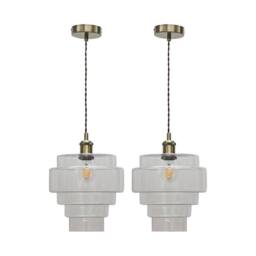 First Choice Lighting Set of 2 Benson - 5 Tier Glass & Antique Brass Ceiling Pendant Lights in Clear - thumbnail 1