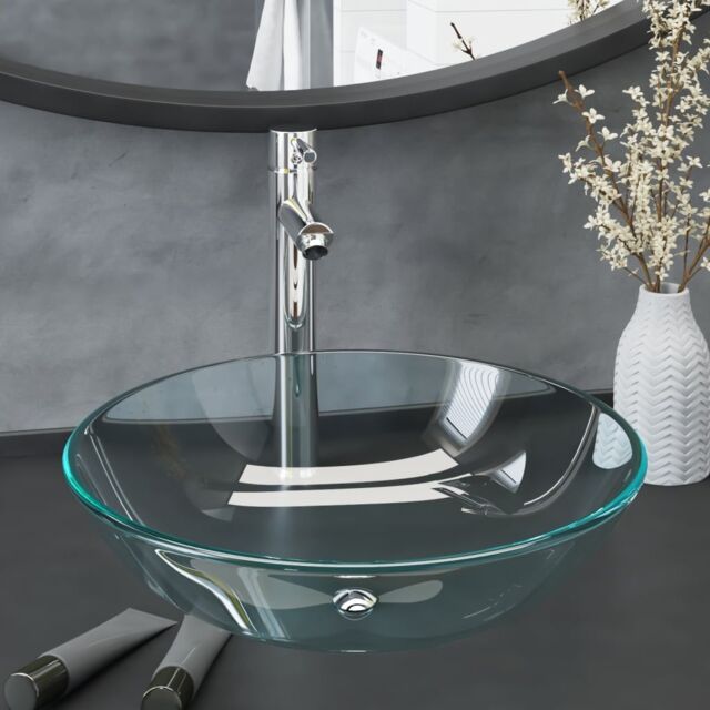 Berkfield Home Bathroom Sink with Tap & Push Drain Clear Tempered Glass in Black - image 1