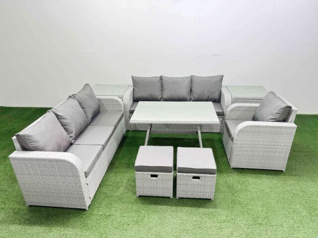 Fimous 8 Pieces PE Rattan Garden Furniture with 2 Side Tables 2 Small Stools in Light Grey - image 1