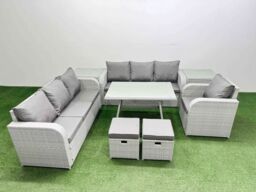 Fimous 8 Pieces PE Rattan Garden Furniture with 2 Side Tables 2 Small Stools in Light Grey - thumbnail 1