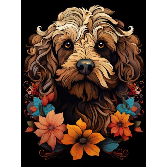 "Artery8 Wall Art Print Cockapoo Dog with Flowers Artwork Orange Brown Blue Floral Art Nouveau Portrait on Black Poster - Size: W12"" x H16""" - image 1