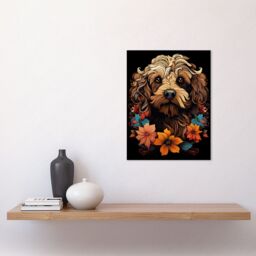 "Artery8 Wall Art Print Cockapoo Dog with Flowers Artwork Orange Brown Blue Floral Art Nouveau Portrait on Black Poster - Size: W12"" x H16""" - thumbnail 2