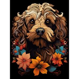 "Artery8 Wall Art Print Cockapoo Dog with Flowers Artwork Orange Brown Blue Floral Art Nouveau Portrait on Black Poster - Size: W12"" x H16""" - thumbnail 1
