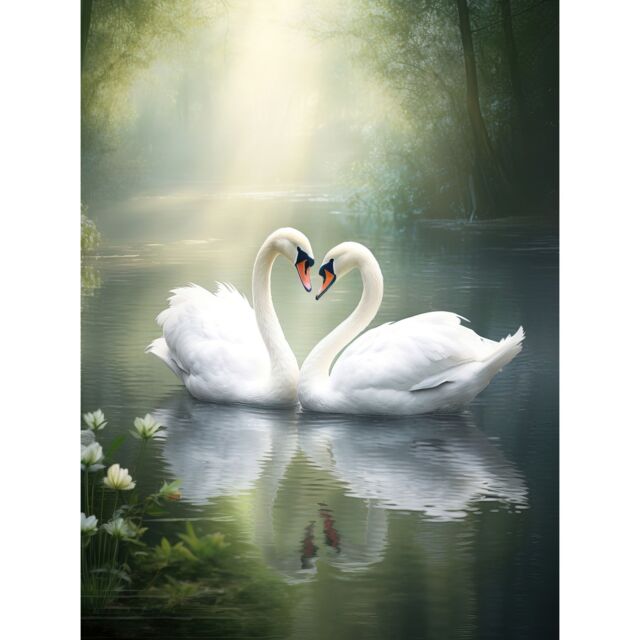 "Artery8 Wall Art Print Elegant Love Heart Swans Photo Misty Morning River Scene Love Romance Poster in White - Size: W12"" x H16""" - image 1