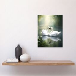 "Artery8 Wall Art Print Elegant Love Heart Swans Photo Misty Morning River Scene Love Romance Poster in White - Size: W12"" x H16""" - thumbnail 2