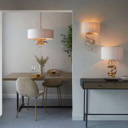 Loops Gold Leaf Ribbon Ceiling Pendant Light & Ivory Shade 3 Bulb Hanging Lamp Fitting - thumbnail 4