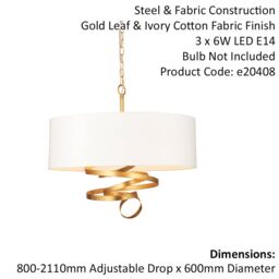 Loops Gold Leaf Ribbon Ceiling Pendant Light & Ivory Shade 3 Bulb Hanging Lamp Fitting - thumbnail 2
