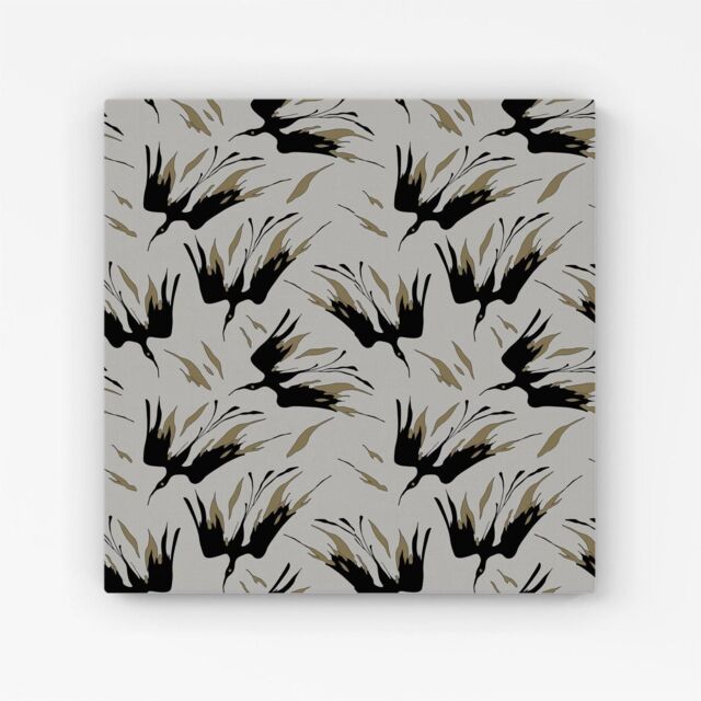 "Warren Reed - Designer Black & Gold Fire Bird Silhouettes Canvas in Grey - Size: W16"" x H16""" - image 1