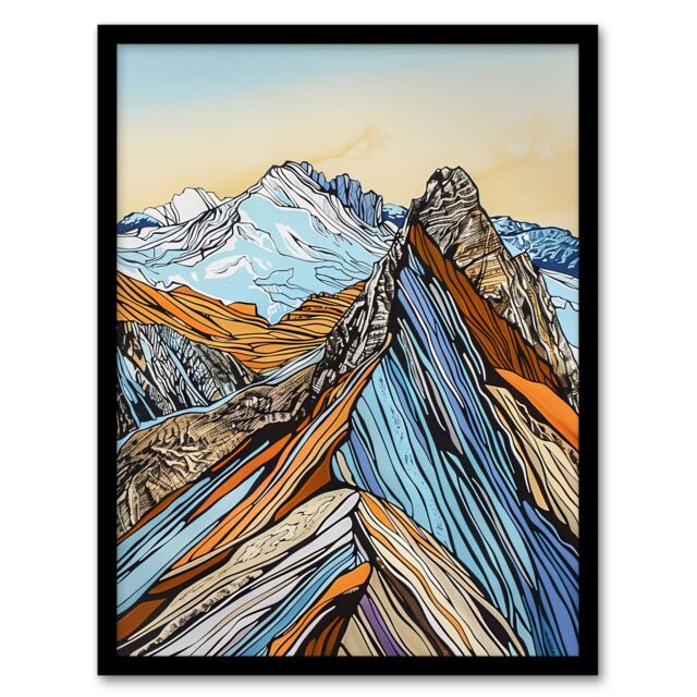 "Artery8 Scafell Pike Mountain Peaks Stylised Landscape Framed Art Print in Blue - Size: W12"" x H16""" - image 1