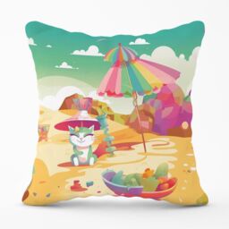 Warren Reed - Designer Kitten On A Beach Holiday Outdoor Cushion in Yellow - Size: 45 cm x 45 cm - thumbnail 1