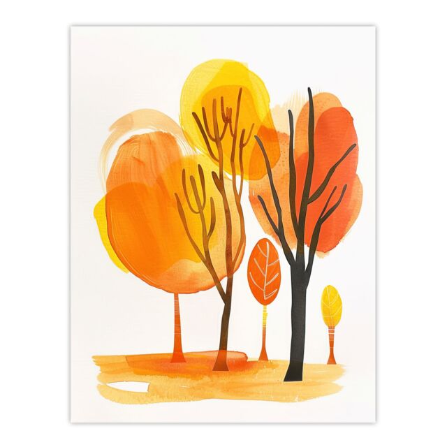 "Artery8 Abstract Park Autumn Trees Watercolour Painting Wall Art Print in Orange - Size: W24"" x H32""" - image 1