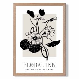 ARTZE Black & Beige Nasturtium Flowers Floral Ink Sketch Framed Print SIZE: A4 with Oak Frame