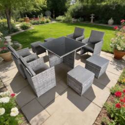 FURNITURE ONE Cube Garden Dining Set, 9 Pieces Rattan Furniture Set with Cushions in Grey - Size: 1 Pack