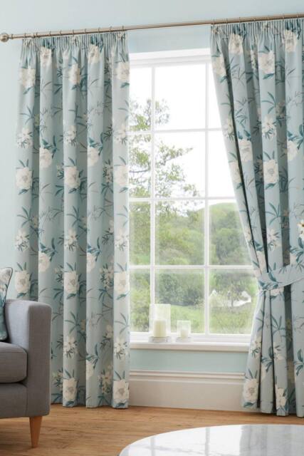 Dreams & Drapes 'Eve' 100% Cotton Floral Pair of Pencil Pleat Curtains With Tie-Backs in Duck Egg Blue - Size: 117 cm width x 137 cm drop - image 1